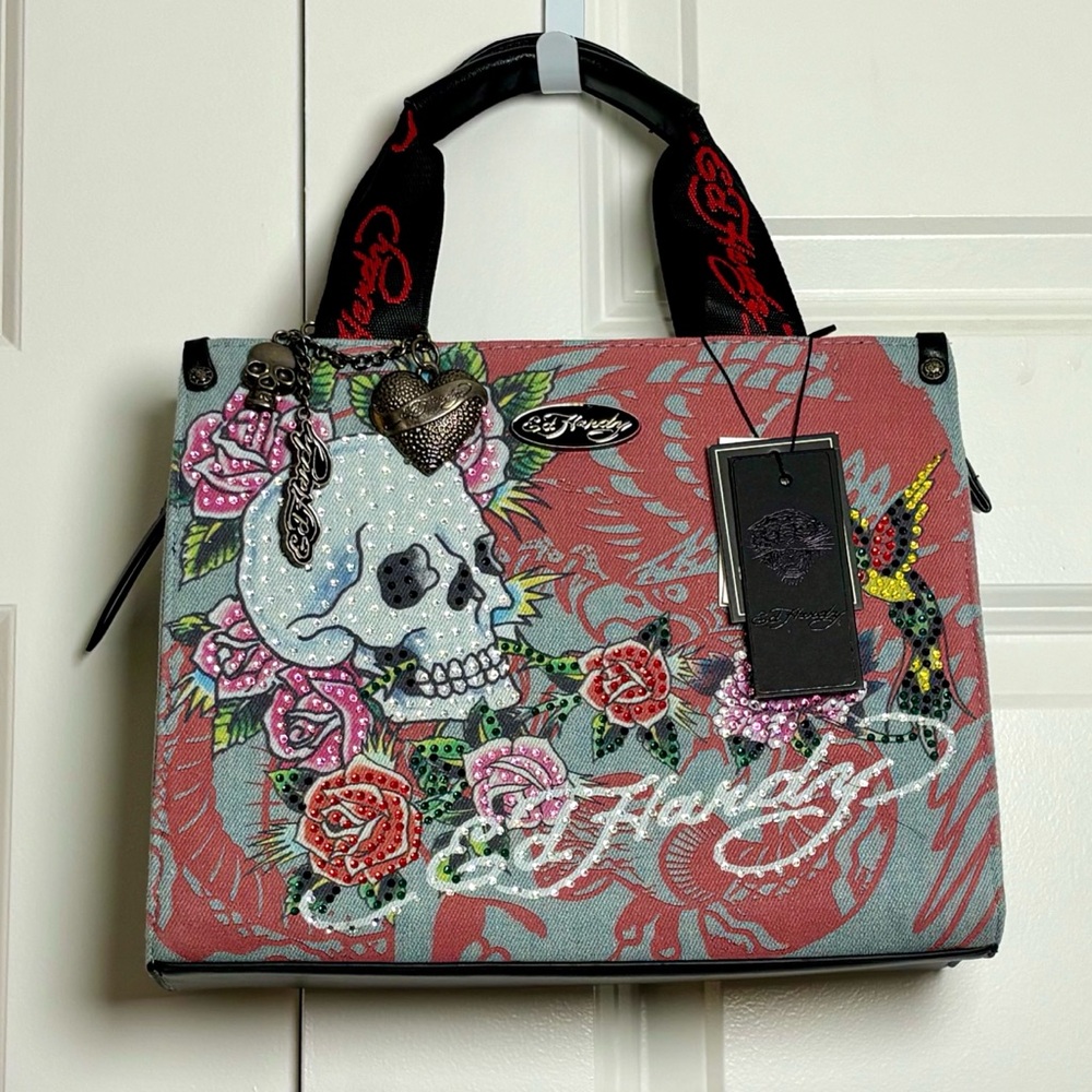 Ed Hardy Skull Crystal Embellished Tote Handbag w/ Strap
